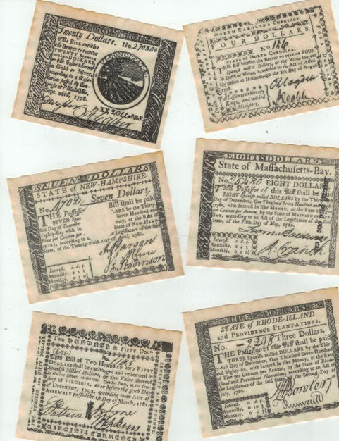 six pieces of reproduction colonial money